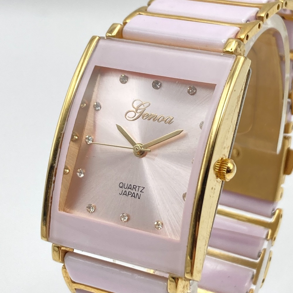 Genoa Tank Watch Women 28mm Gold Tone Pink Ceramic Crystals New Battery 6.75"